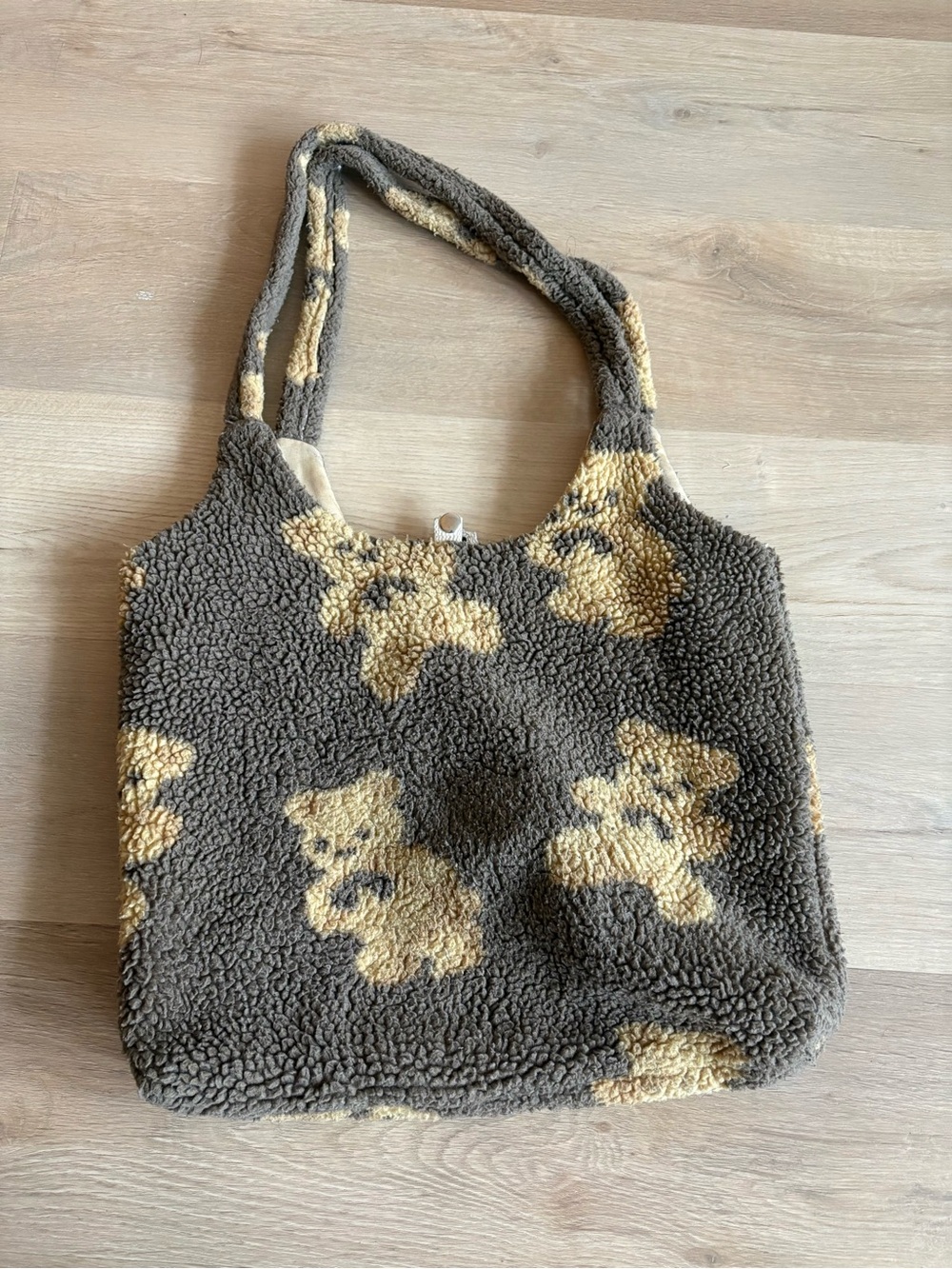 Plush Teddy Sherpa Tote Bag in Brown and Cream